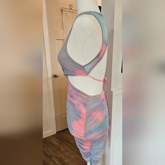 Lightly Worn- FASHION NOVA -Multi-colored Mesh Bodycon Sheath- Tie Back -Size S - Picture 4 of 5